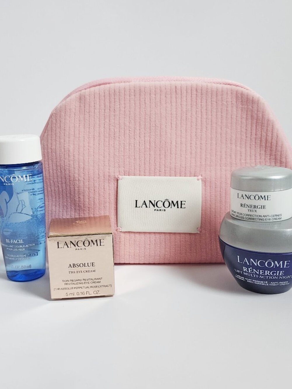 NEW Lancôme 5pc Anti-Aging Set Absolue Eye Cream, Rénergie Night, Bi-Facil, Bag